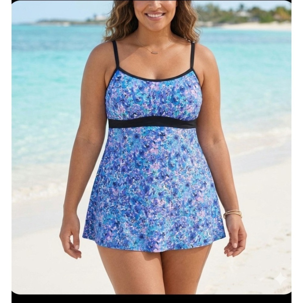 NEW Fit 4 U Fit 4 Ur Thighs Swimdress Plus Size 22W‎ Floral Blue Swimsuit NWT